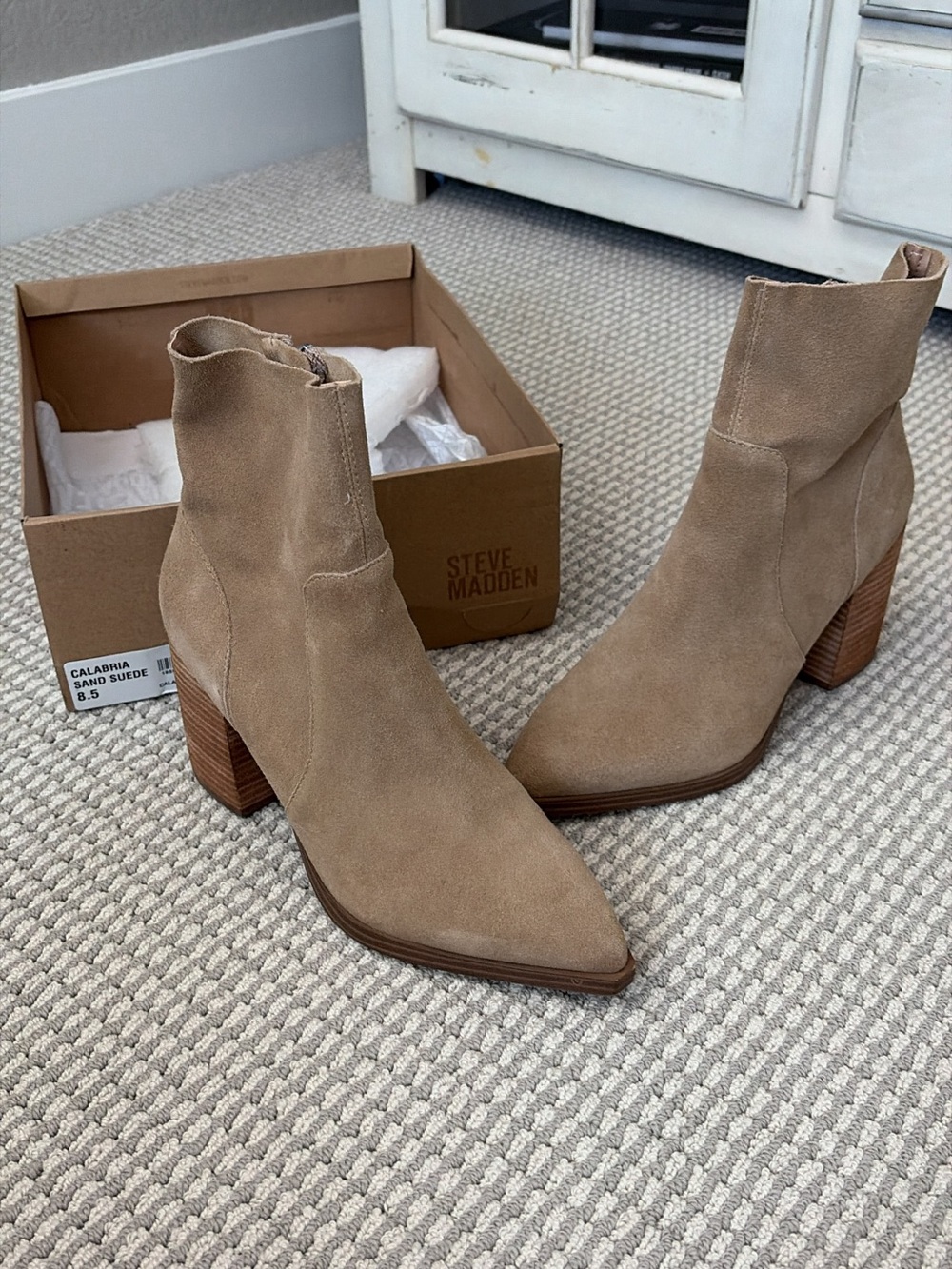 Steve Madden Sand Suede Pointed Toe Block Heel Ankle Boots